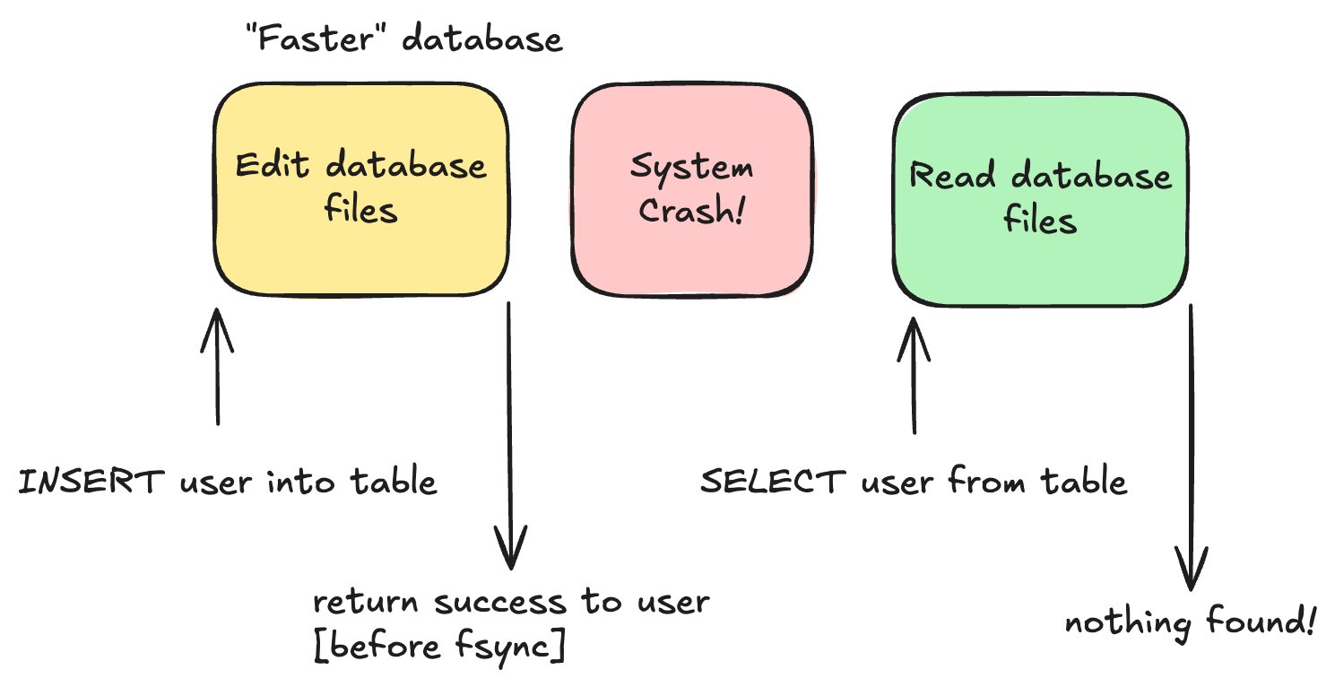 A "faster" database that returns success before fsync -- a system crash between the write and the flush means the later SELECT finds nothing