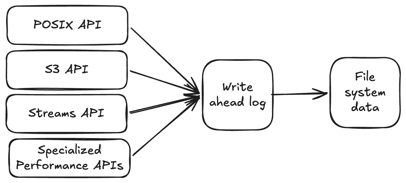 POSIX, S3, streams, and specialized performance APIs all funnelling into a single write-ahead log in front of the file system data